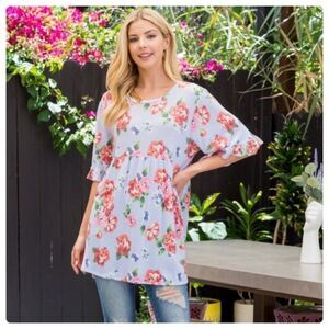 Blue and Pink Floral Tunic Ruffled Sleeves Oversized Top
